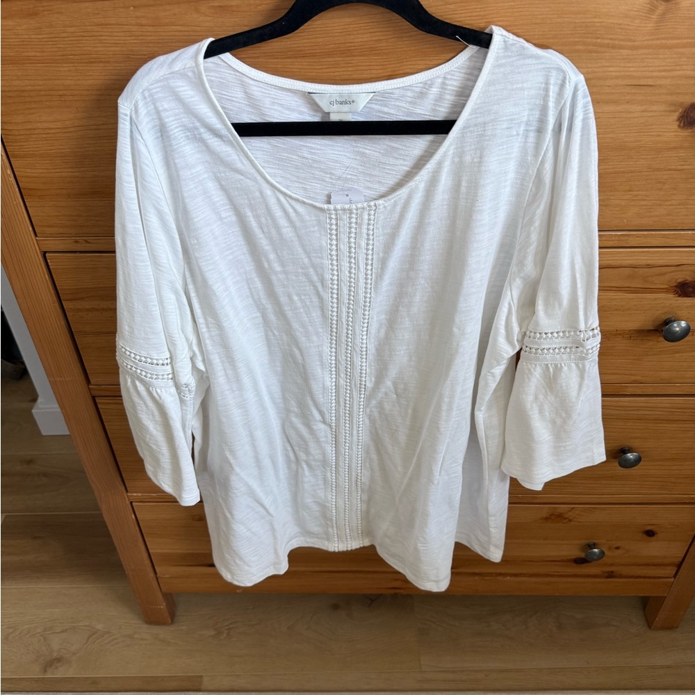 CJ Banks White Crochet-Panel Scoop Neck Tunic Top